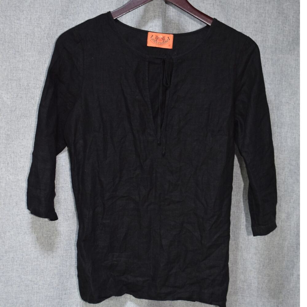 Juicy Couture Black Linen Tie Neck Blouse 3/4 Sleeve Size Small